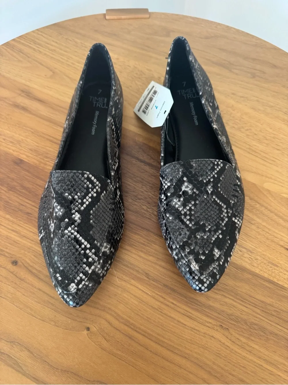 Time and Tru Black & Gray Snake-Print Pointed Loafers